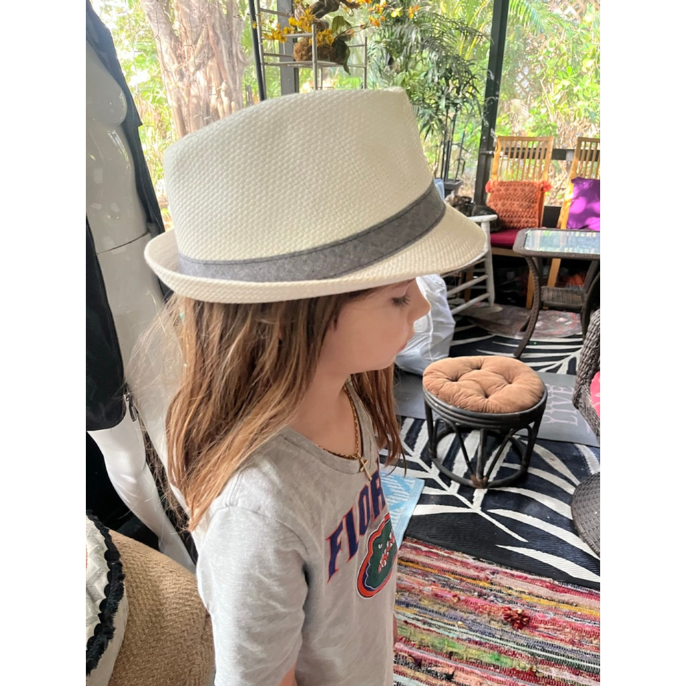 Girls EXPRESS White & Gray Straw Fedora Hat One Size